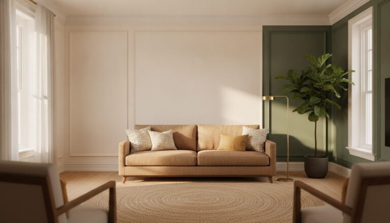 Modern Chicago living room with warm white and deep green 2026 paint colors
