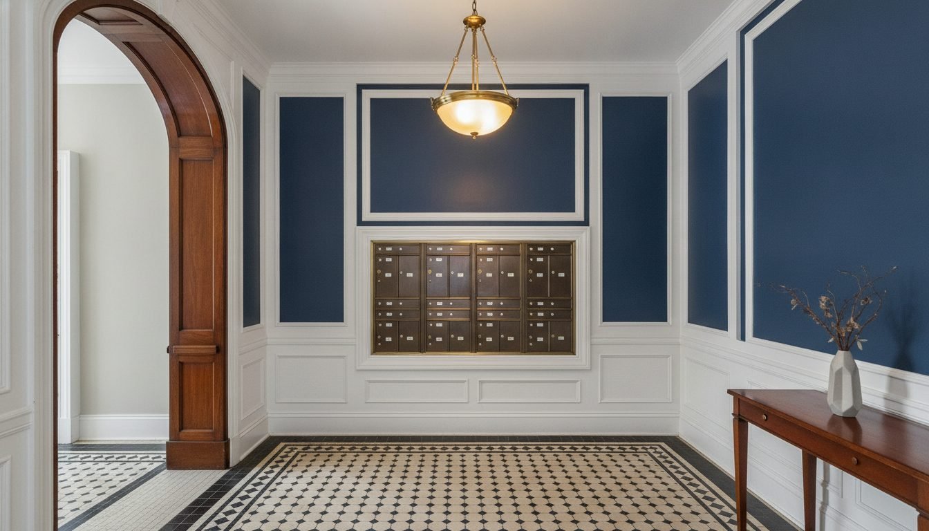 Freshly painted condo lobby entrance with navy accent wall