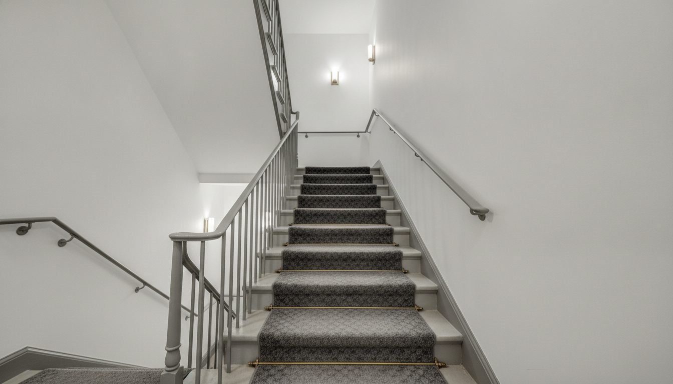 Freshly painted condominium stairwell with gray railings, Chicago