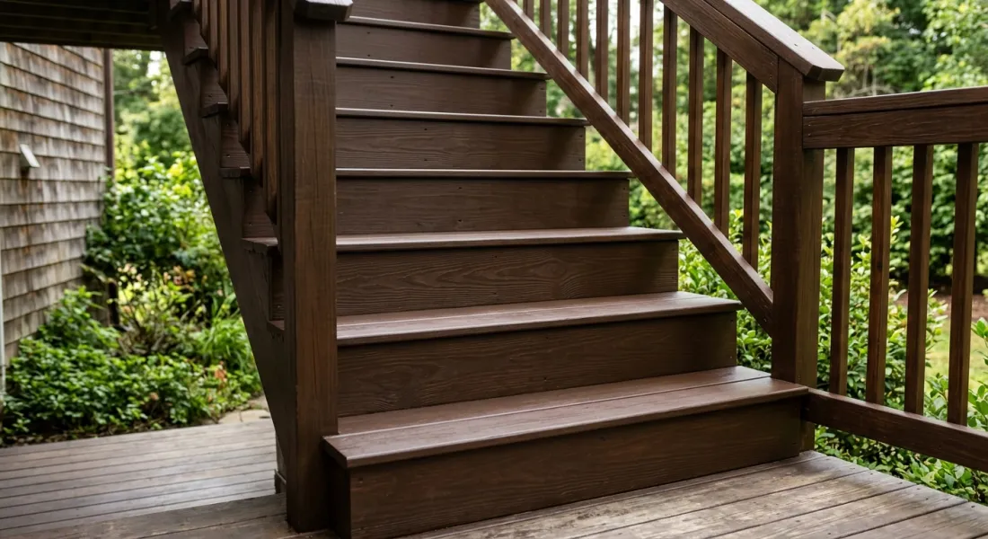 Wooden back porch staircase freshly coated with dark brown deck stain