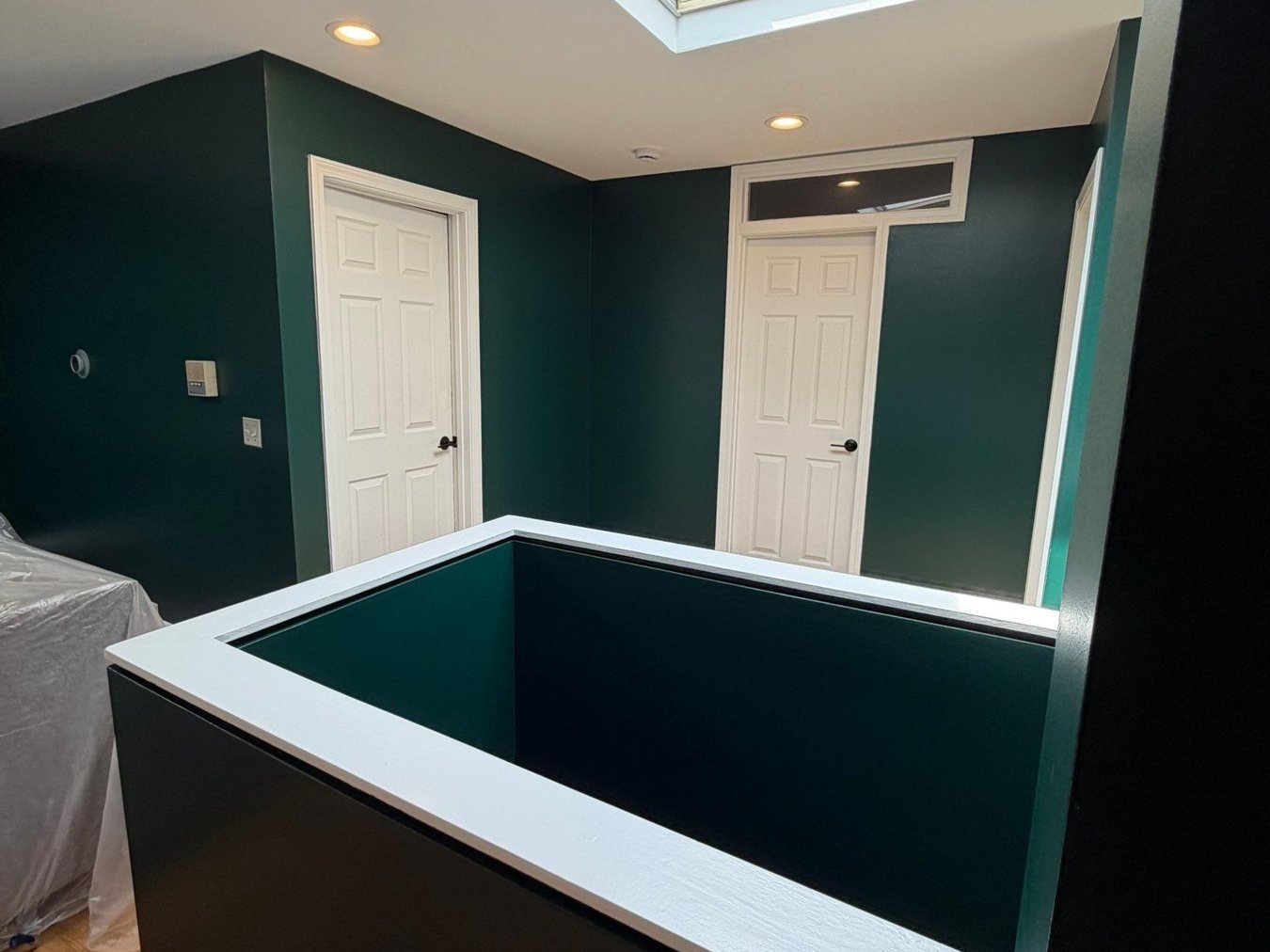Emerald green living room with skylight and white trim