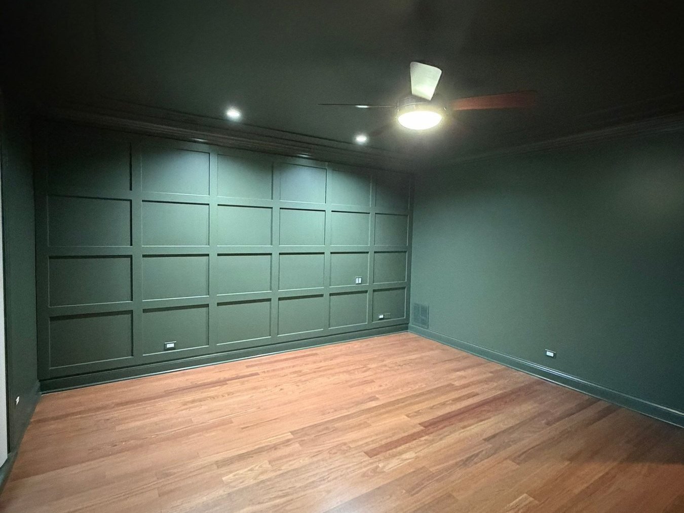 Master bedroom walls, ceiling and panel molding in one deep green